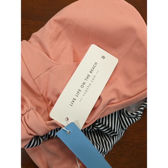 Cupshe One Piece Swimsuit M Pink Halter Plunging Neck Ruched Striped Bottom Swim - Picture 8 of 11